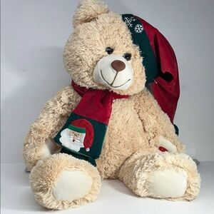 Goffa Tan Teddy Bear with Red and Green Holiday Hat and Scarf. Sound-Christmas